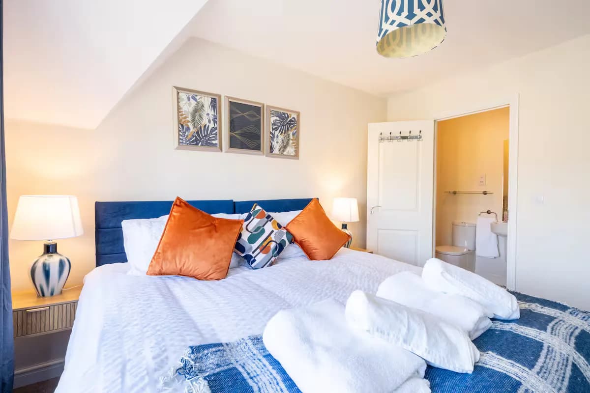 Bedroom with blue bedding