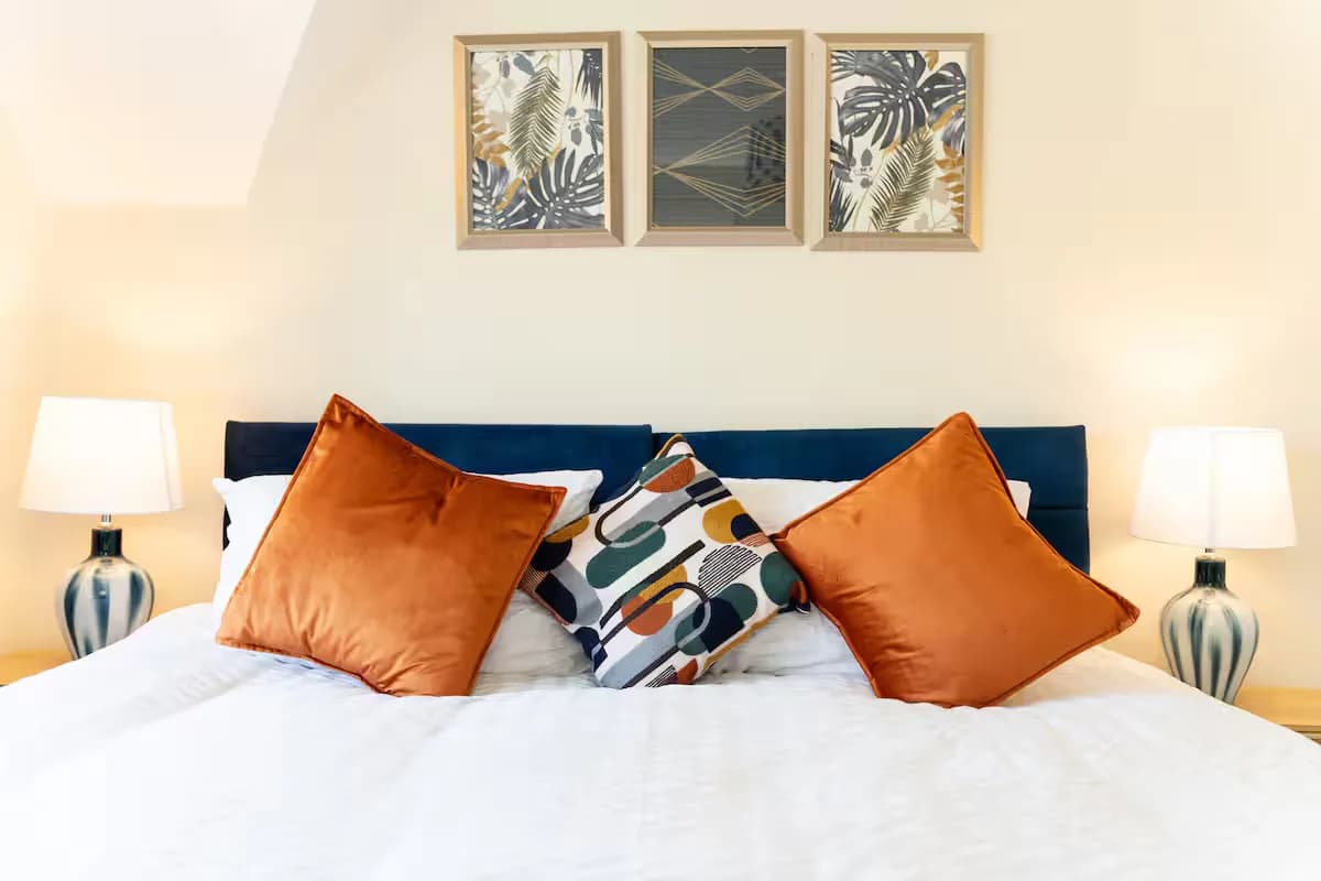 Bedroom with blue bedding